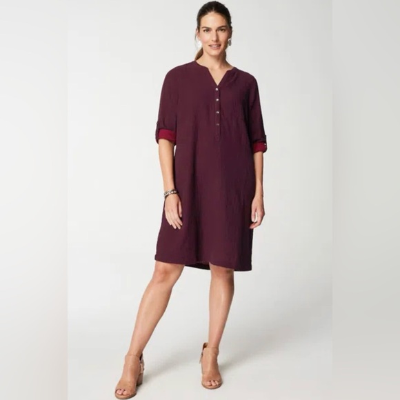 J. Jill Pure Jill Colorblock Organic Cotton Shirt Dress Currant Pepperberry Sz L - Picture 1 of 12